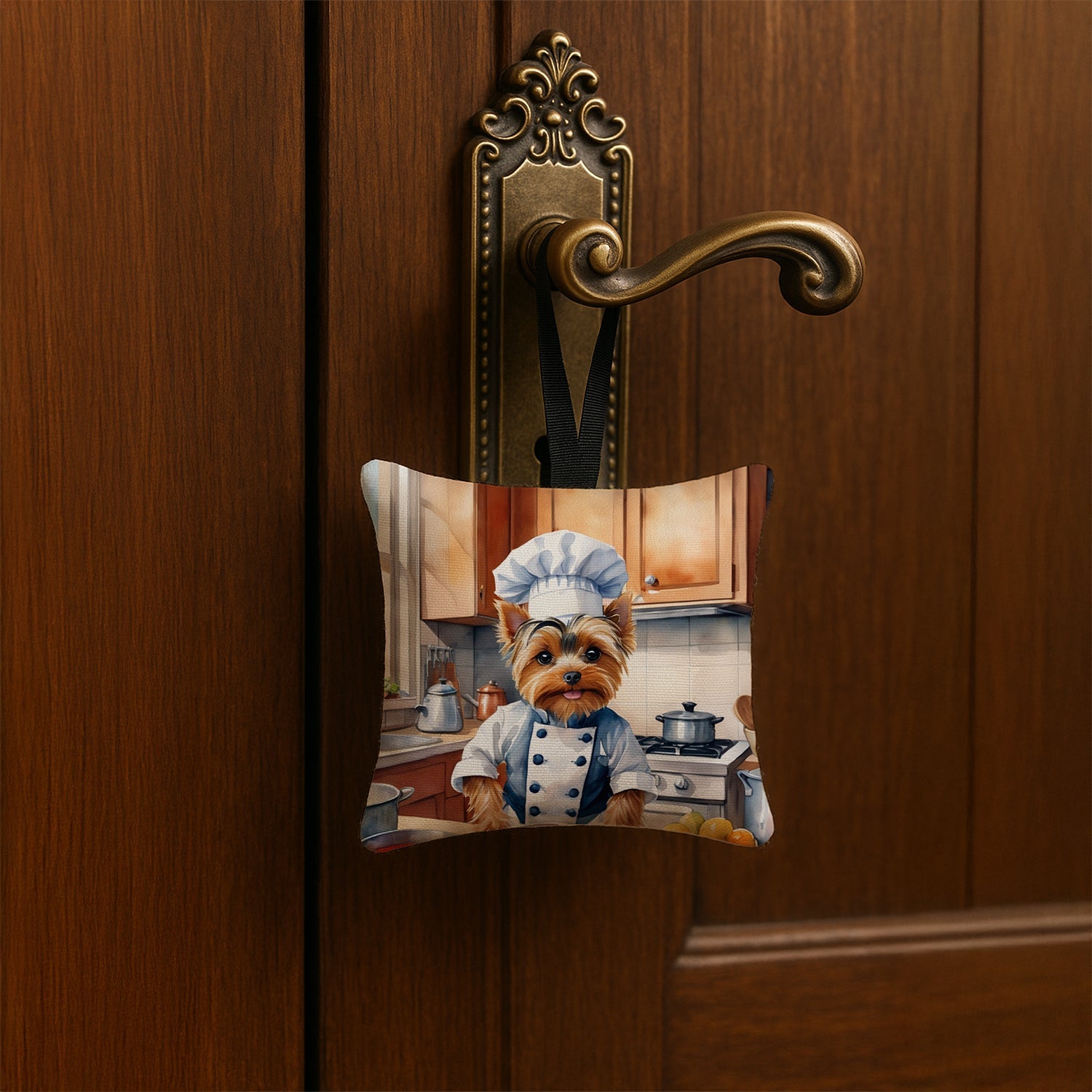 Yorkie Yorkshire Terrier The Chef Hanging Square Fabric Ornament 3.5 × 3.5 Decorative Door-Knob & Tree Hanger, Soft Fabric