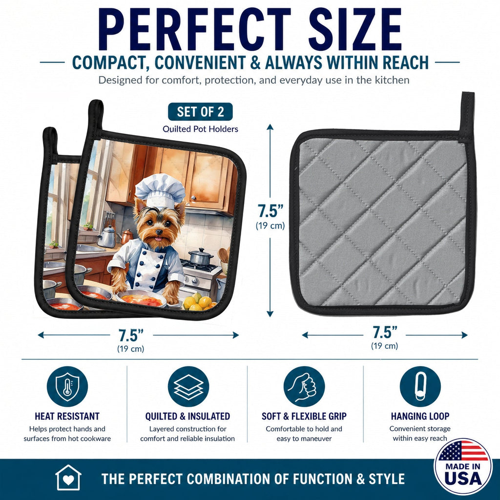 Yorkie Yorkshire Terrier The Chef Pot Holder Set of 2 Heat Resistant Quilted Hot Pads 7.5 x 7.5 Inch, Insulated Kitchen Trivets for Cooking & Baking