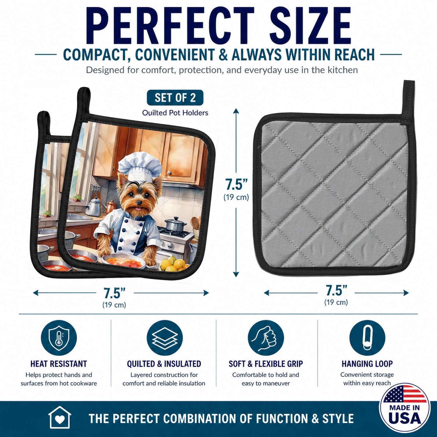 Yorkie Yorkshire Terrier The Chef Pot Holder Set of 2 Heat Resistant Quilted Hot Pads 7.5 x 7.5 Inch, Insulated Kitchen Trivets for Cooking & Baking