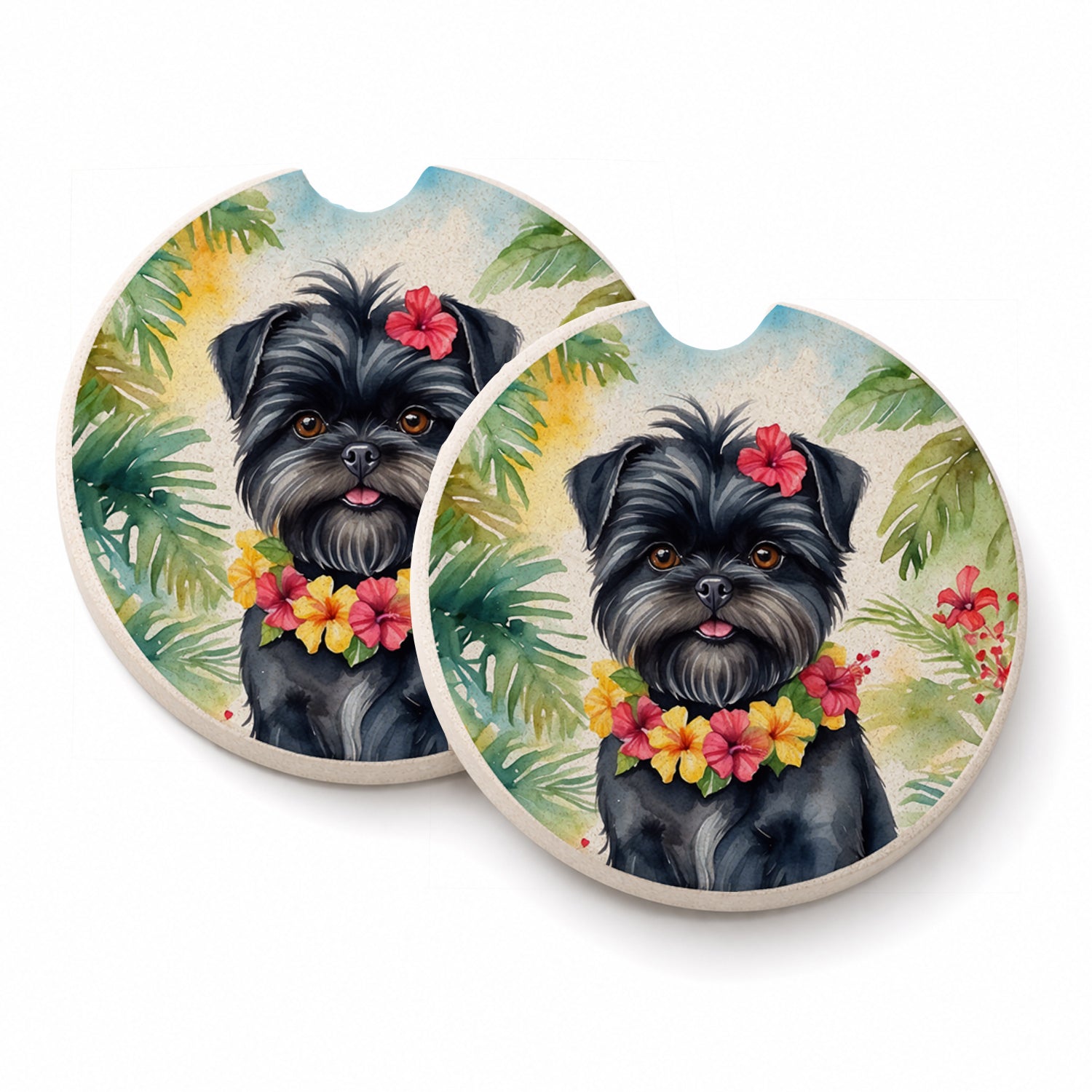 Affenpinscher Luau Set of 2 Cup Holder Car Coasters Absorbent Round Sandstone Coasters Gifts for Men or Women, 2.5, Multicolor