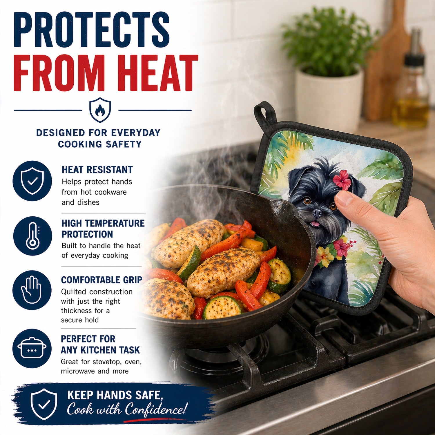 Affenpinscher Luau Pot Holder Set of 2 Heat Resistant Quilted Hot Pads 7.5 x 7.5 Inch, Insulated Kitchen Trivets for Cooking & Baking