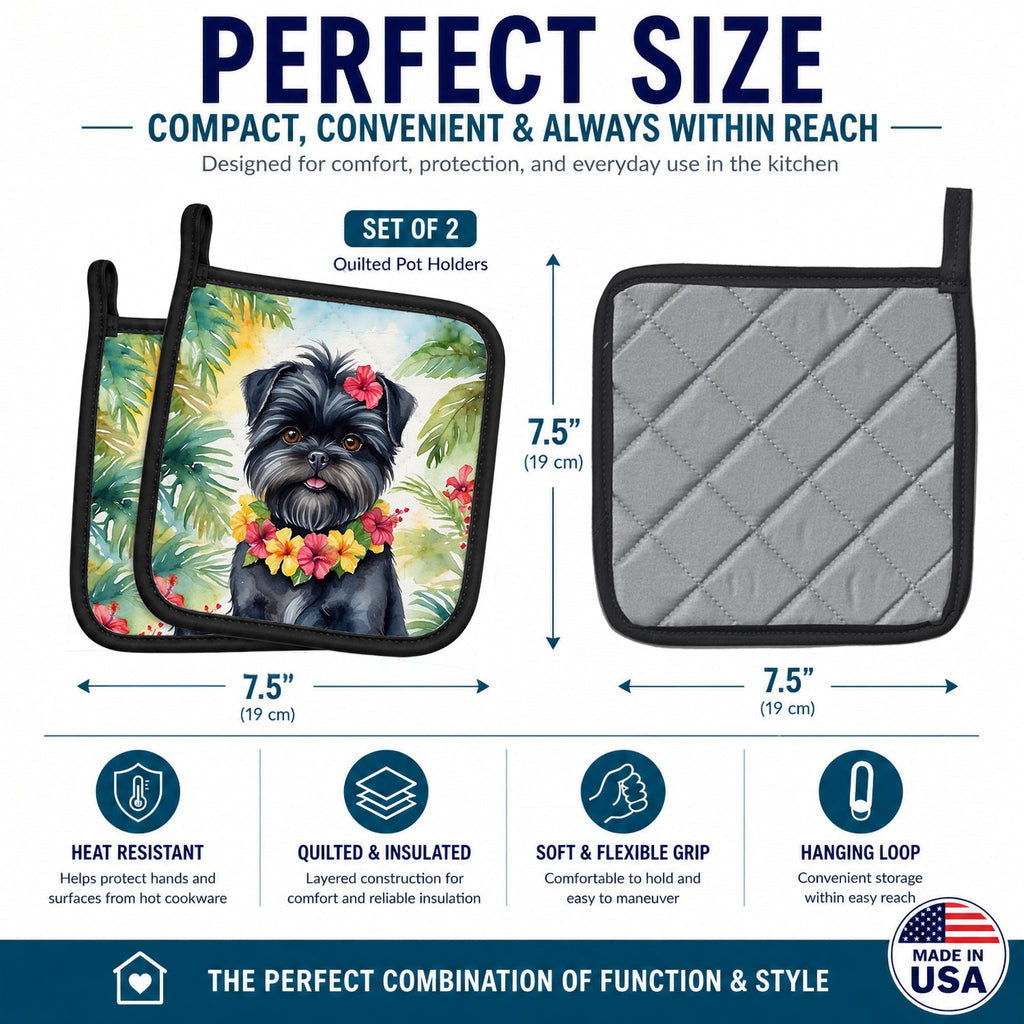 Affenpinscher Luau Pot Holder Set of 2 Heat Resistant Quilted Hot Pads 7.5 x 7.5 Inch, Insulated Kitchen Trivets for Cooking & Baking