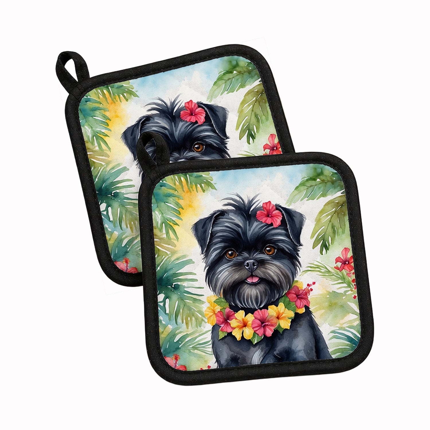 Affenpinscher Luau Pot Holder Set of 2 Heat Resistant Quilted Hot Pads 7.5 x 7.5 Inch, Insulated Kitchen Trivets for Cooking & Baking