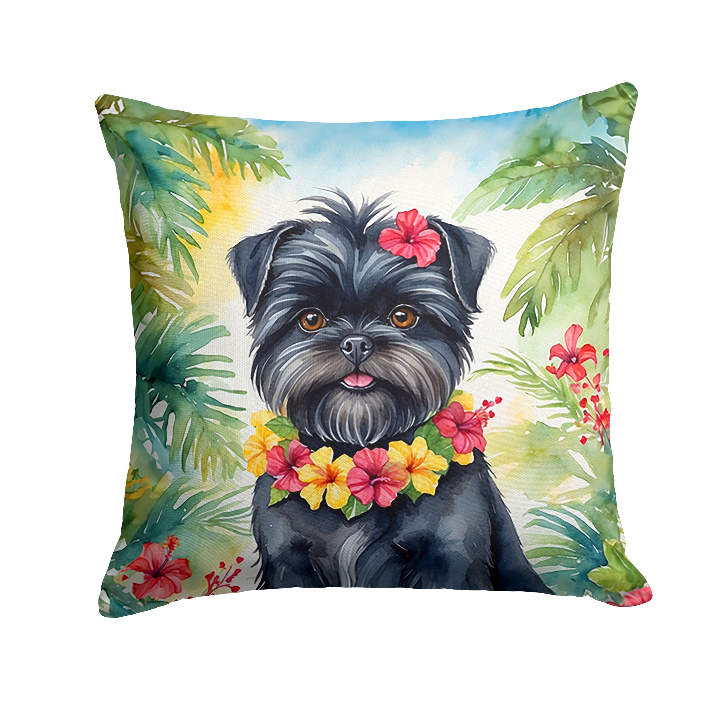 Affenpinscher Luau Decorative Throw Pillow 14x14 Indoor Outdoor Accent Cushion, Fabric Cover with Insert for Sofa, Bed, Porch & Living Room