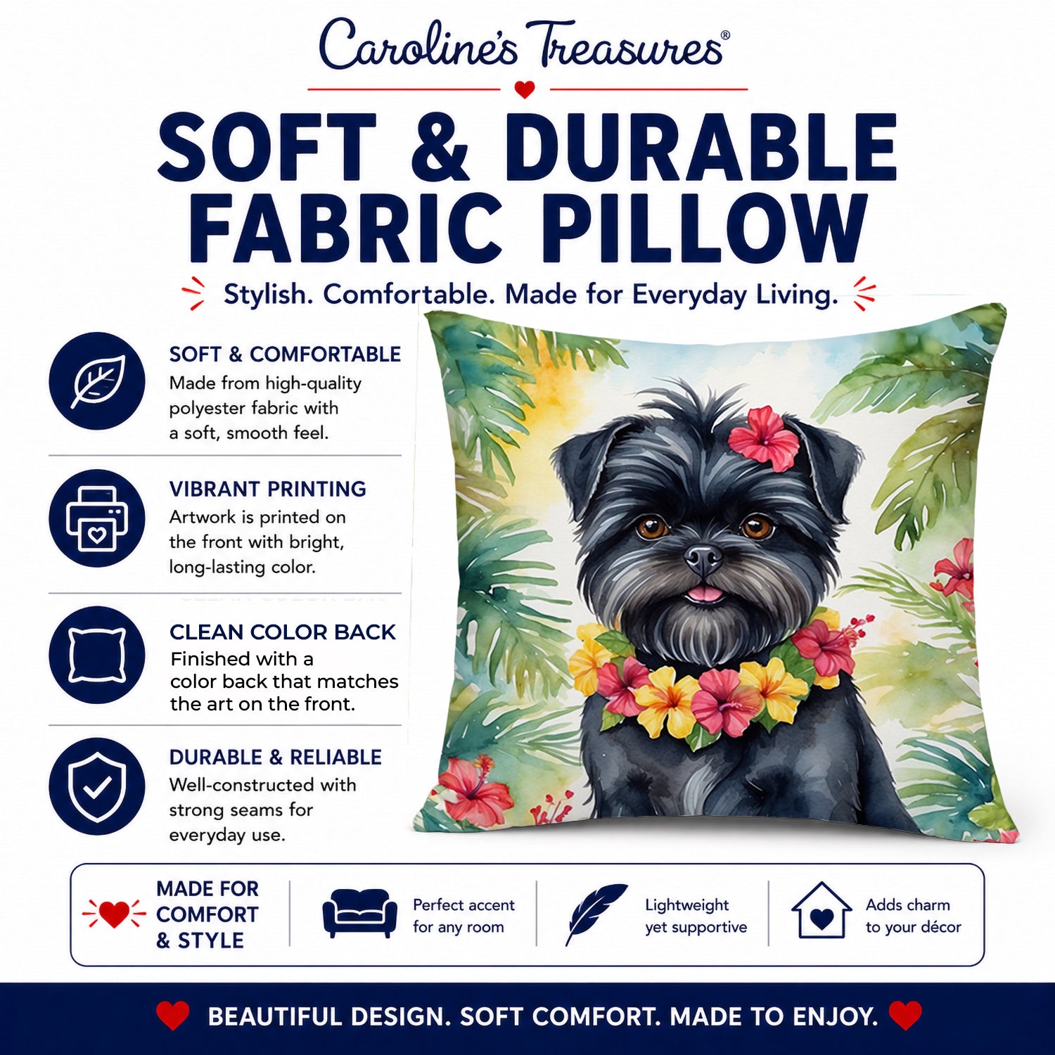 Affenpinscher Luau Decorative Throw Pillow 14x14 Indoor Outdoor Accent Cushion, Fabric Cover with Insert for Sofa, Bed, Porch & Living Room