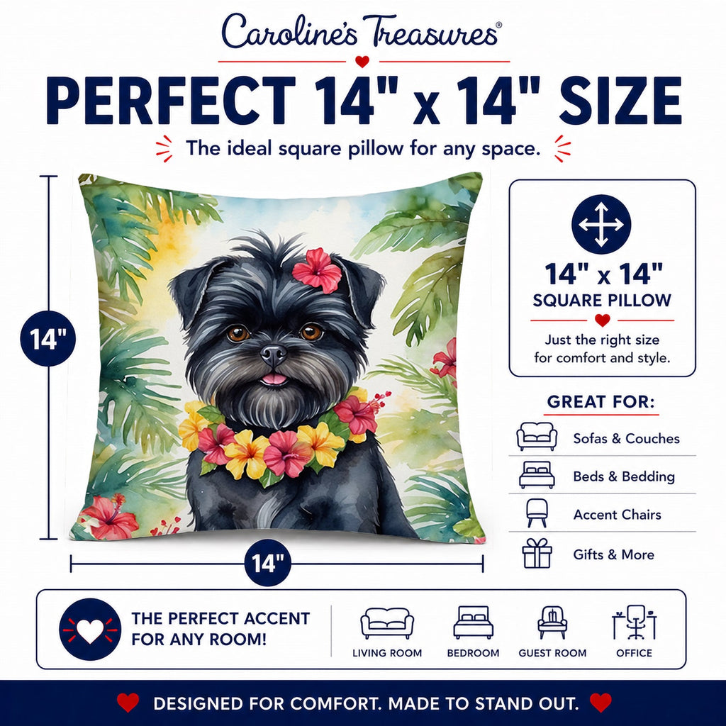 Affenpinscher Luau Decorative Throw Pillow 14x14 Indoor Outdoor Accent Cushion, Fabric Cover with Insert for Sofa, Bed, Porch & Living Room