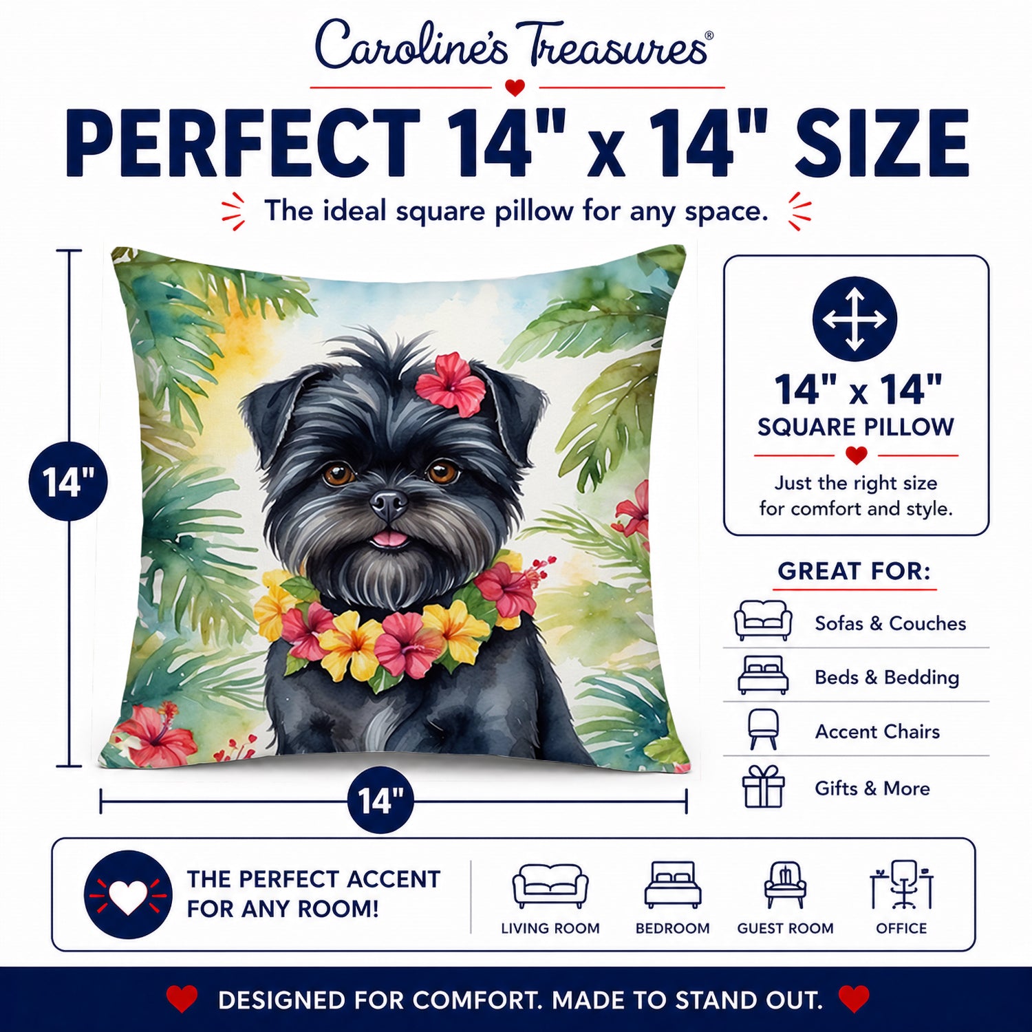 Affenpinscher Luau Decorative Throw Pillow 14x14 Indoor Outdoor Accent Cushion, Fabric Cover with Insert for Sofa, Bed, Porch & Living Room