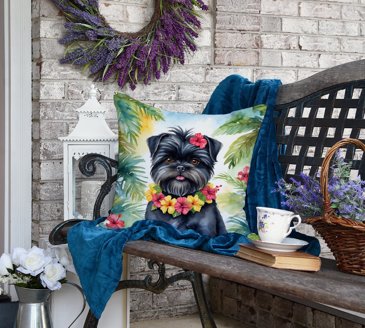 Affenpinscher Luau Decorative Throw Pillow 18x18 Indoor Outdoor Accent Cushion, Fabric Cover with Insert for Sofa, Bed, Porch & Living Room