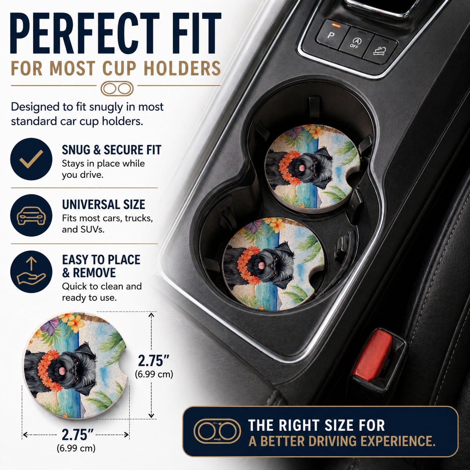 Affenpinscher Luau Set of 2 Cup Holder Car Coasters Absorbent Round Sandstone Coasters Gifts for Men or Women, 2.5, Multicolor