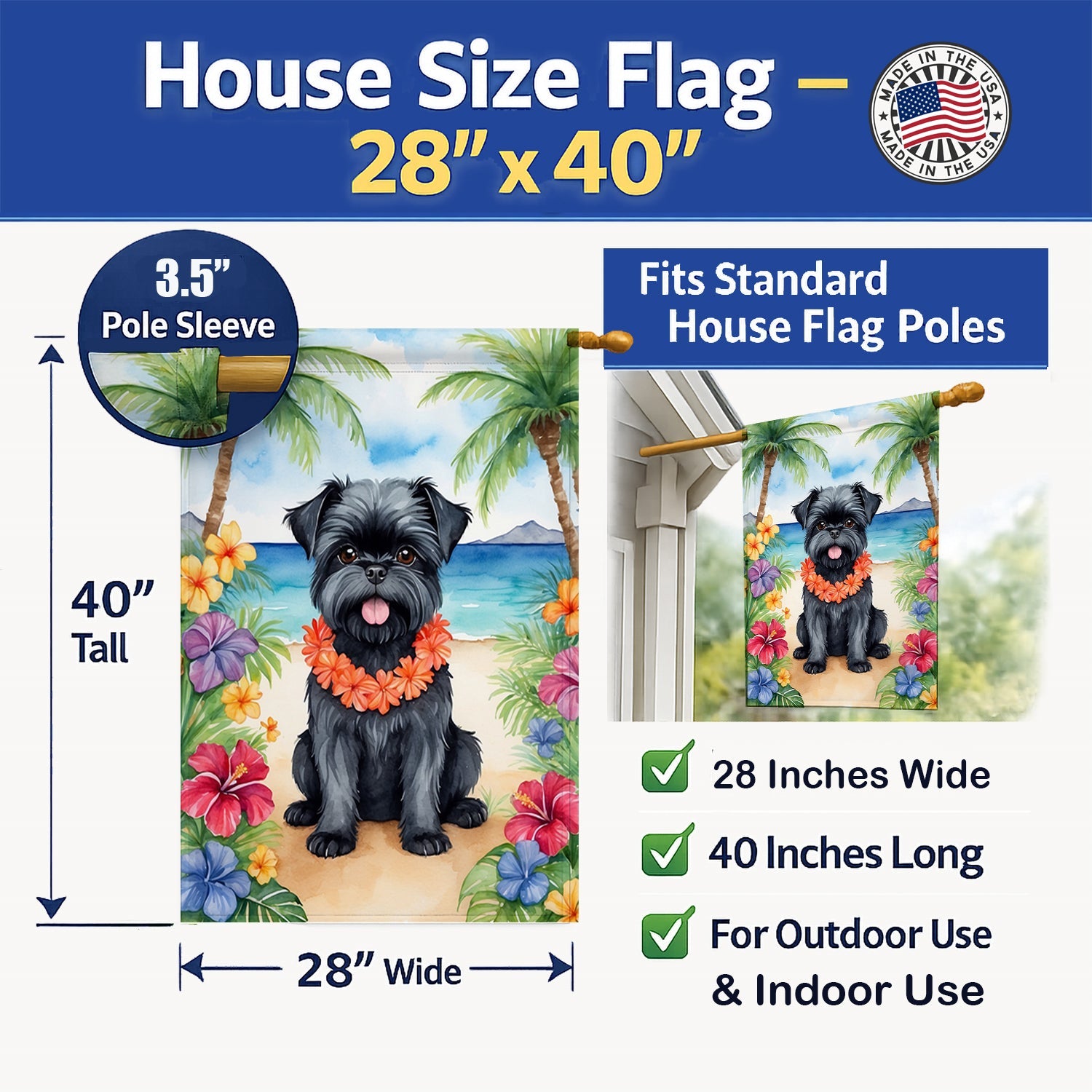 Affenpinscher Luau House Flag 28x40 Porch Sleeve Pole Decorative Outside Yard Banner Artwork Wall Hanging, Polyester