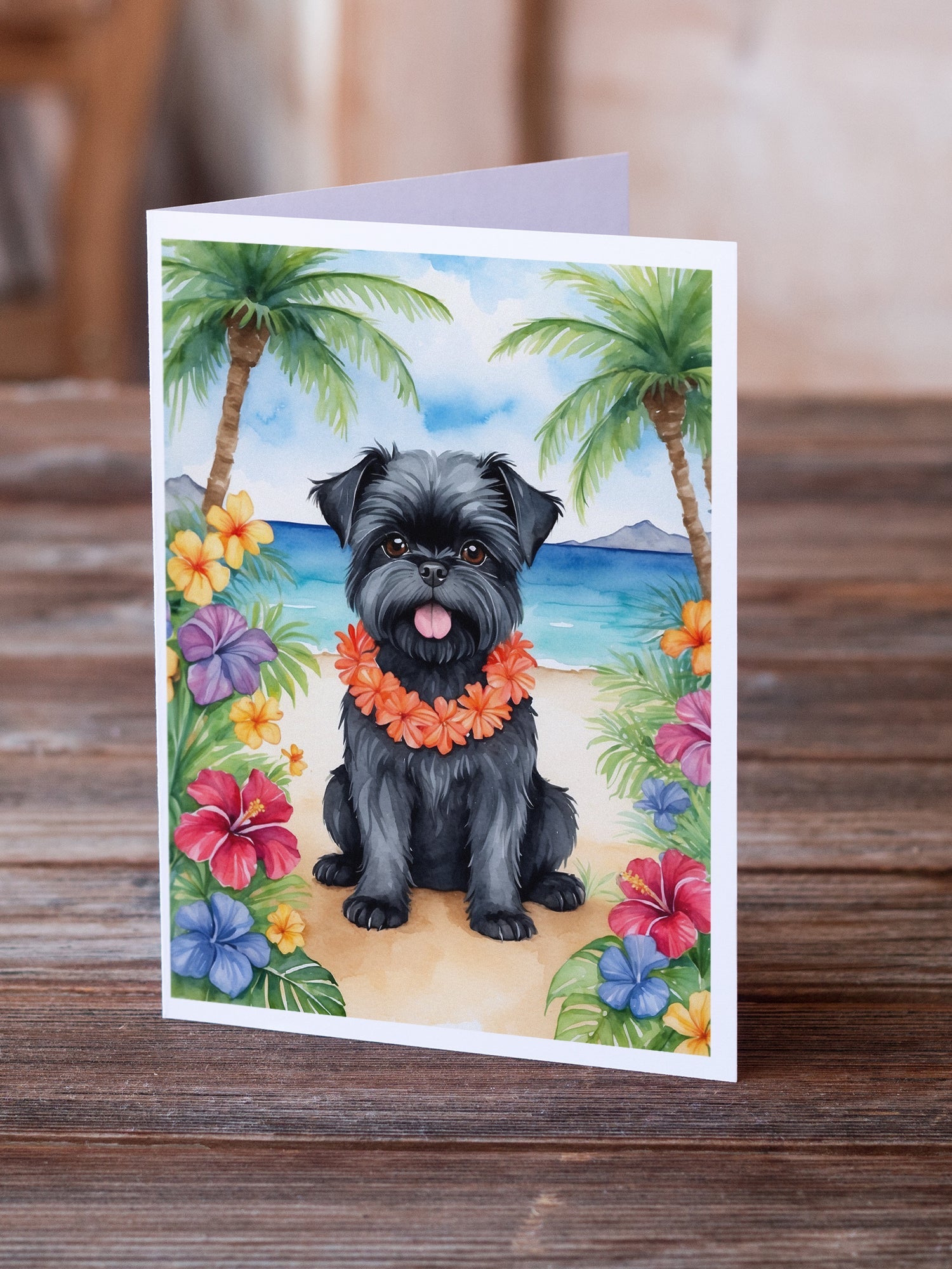 Affenpinscher Luau Greeting Cards Pack of 8 Blank Cards with Envelopes Whimsical A7 Size 5x7