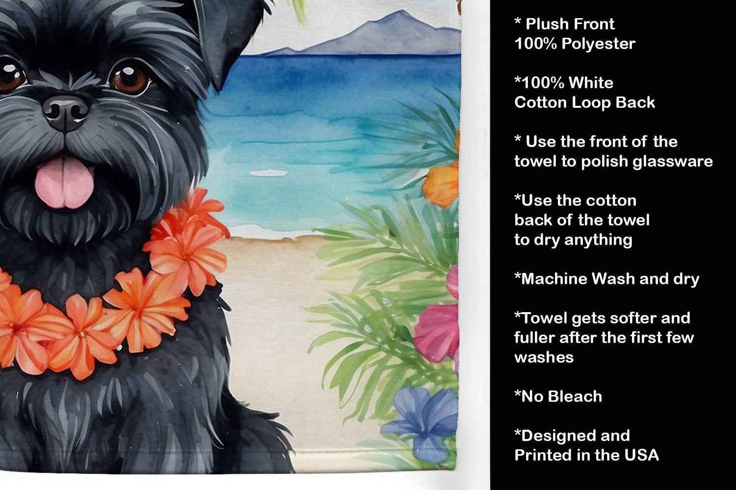 Affenpinscher Luau Kitchen Towel Velour Plush Front and Cotton Loop Back Machine Washable
