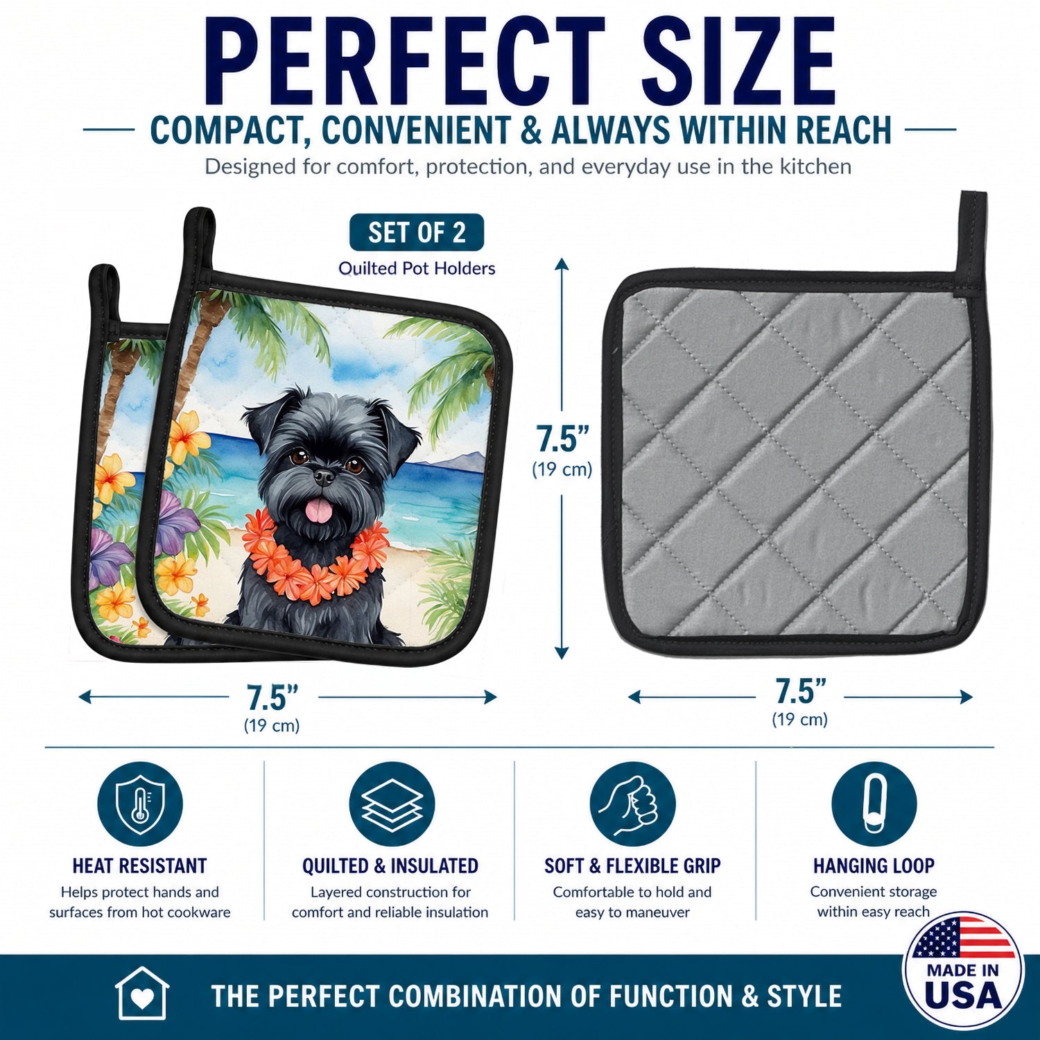 Affenpinscher Luau Pot Holder Set of 2 Heat Resistant Quilted Hot Pads 7.5 x 7.5 Inch, Insulated Kitchen Trivets for Cooking & Baking
