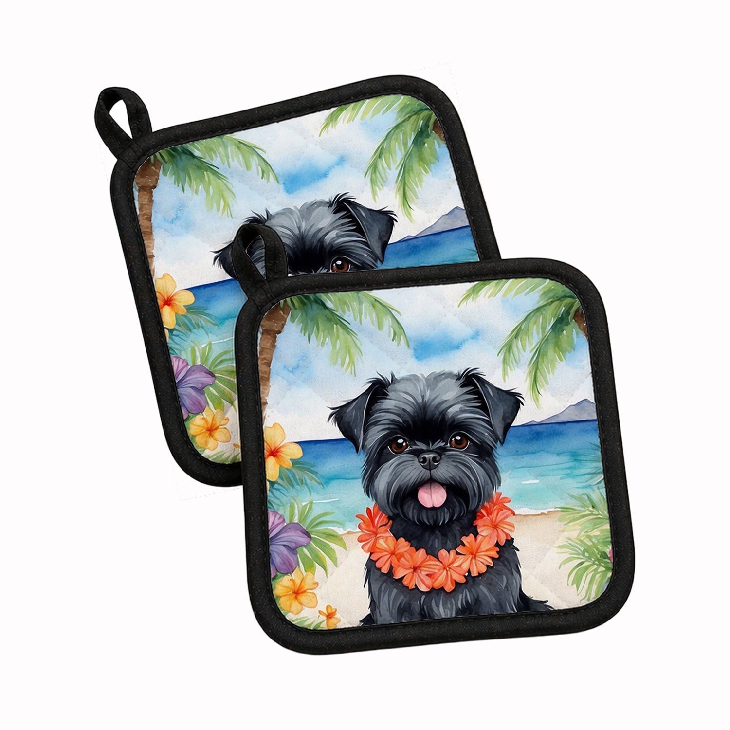 Affenpinscher Luau Pot Holder Set of 2 Heat Resistant Quilted Hot Pads 7.5 x 7.5 Inch, Insulated Kitchen Trivets for Cooking & Baking