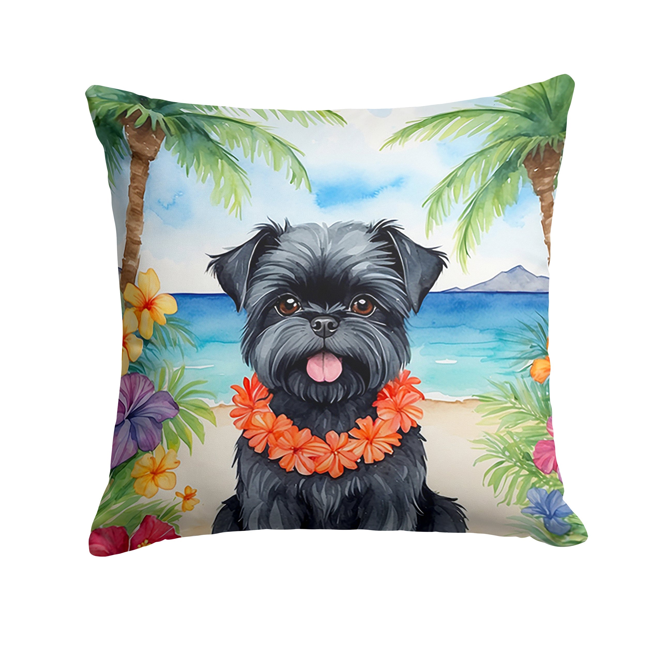 Affenpinscher Luau Decorative Throw Pillow 14x14 Indoor Outdoor Accent Cushion, Fabric Cover with Insert for Sofa, Bed, Porch & Living Room