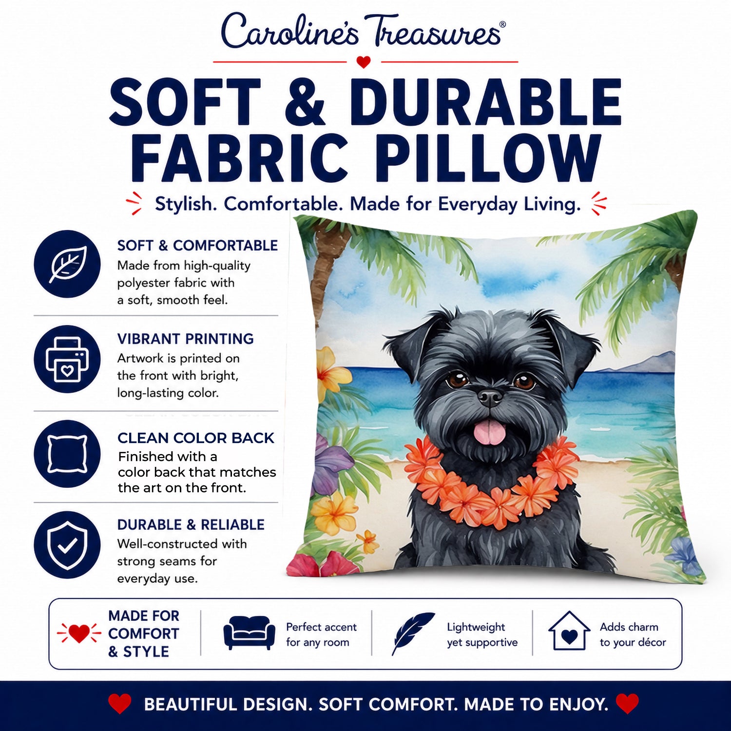 Affenpinscher Luau Decorative Throw Pillow 14x14 Indoor Outdoor Accent Cushion, Fabric Cover with Insert for Sofa, Bed, Porch & Living Room