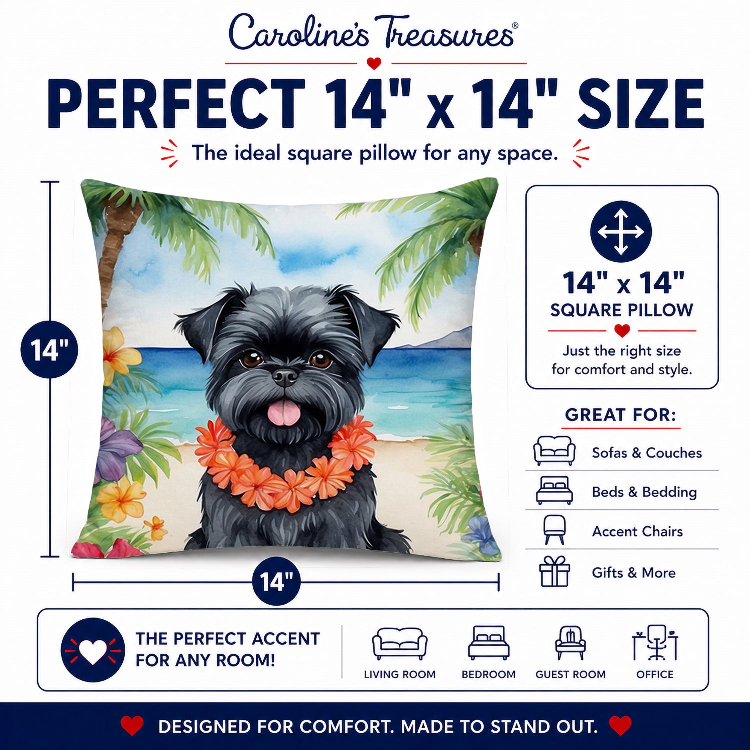 Affenpinscher Luau Decorative Throw Pillow 14x14 Indoor Outdoor Accent Cushion, Fabric Cover with Insert for Sofa, Bed, Porch & Living Room