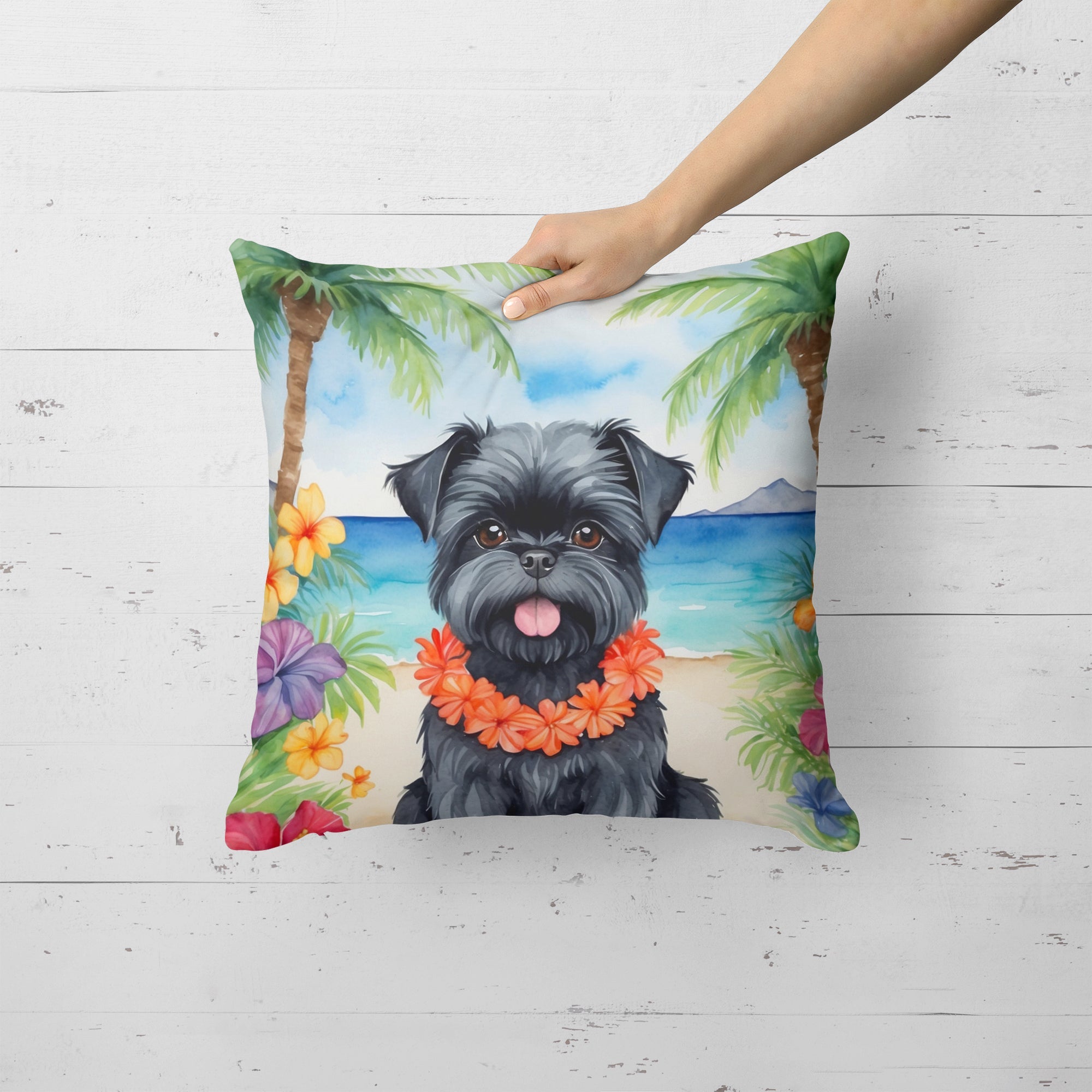 Affenpinscher Luau Decorative Throw Pillow 18x18 Indoor Outdoor Accent Cushion, Fabric Cover with Insert for Sofa, Bed, Porch & Living Room