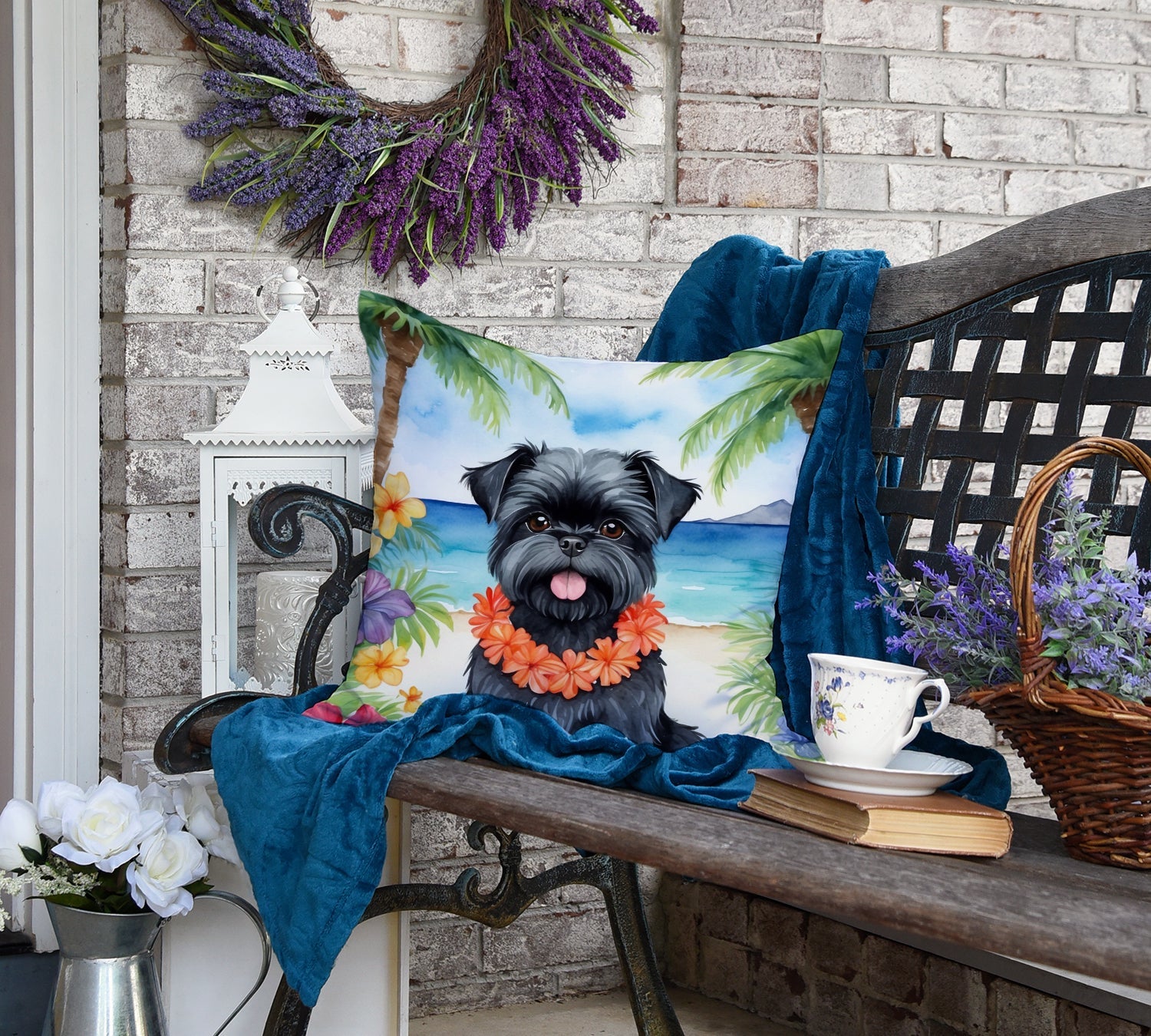 Affenpinscher Luau Decorative Throw Pillow 18x18 Indoor Outdoor Accent Cushion, Fabric Cover with Insert for Sofa, Bed, Porch & Living Room
