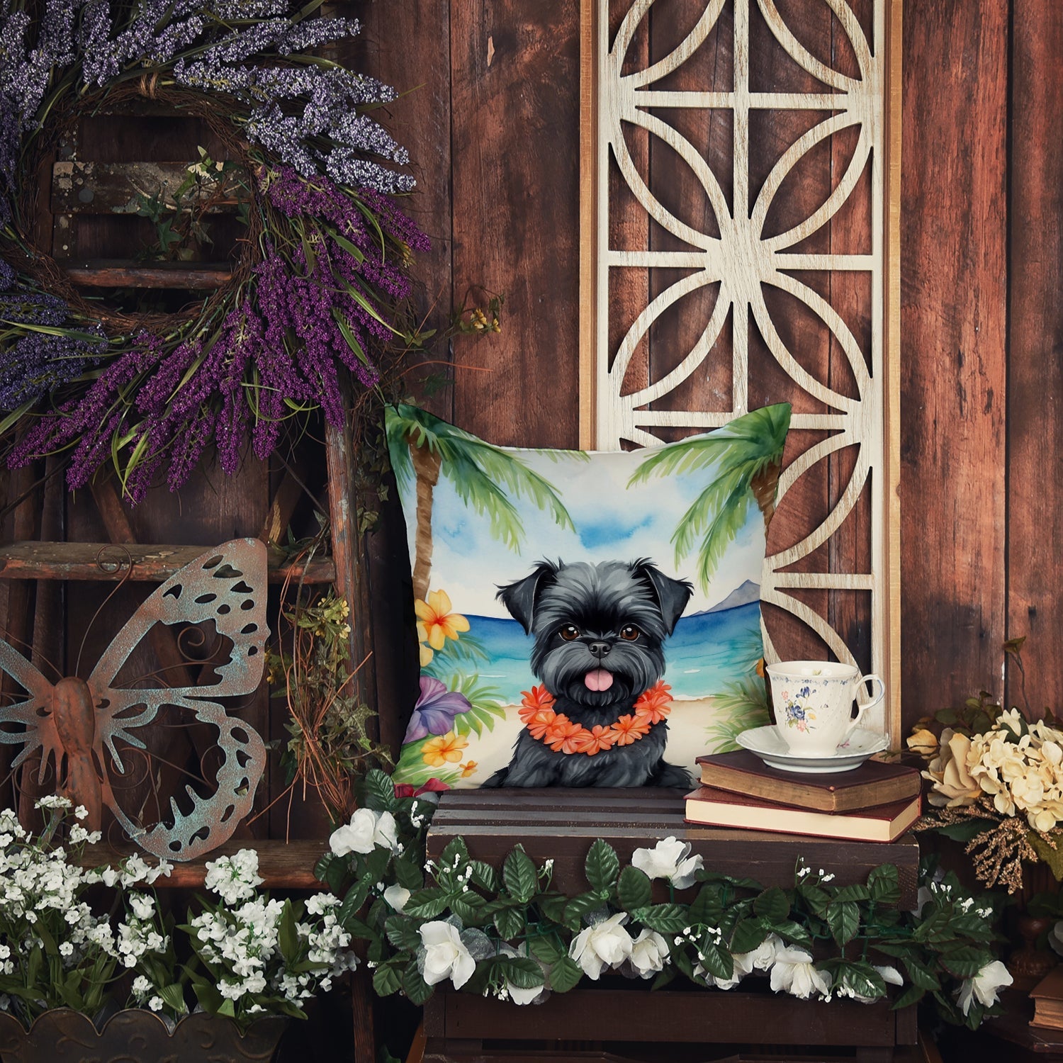 Affenpinscher Luau Decorative Throw Pillow 18x18 Indoor Outdoor Accent Cushion, Fabric Cover with Insert for Sofa, Bed, Porch & Living Room