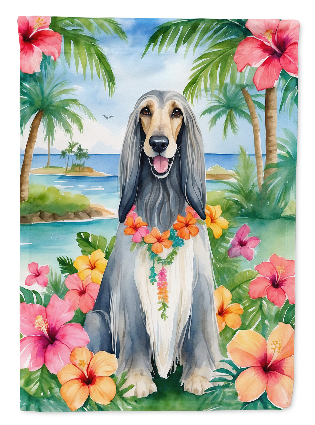 Afghan Hound Luau House Flag 28x40 Porch Sleeve Pole Decorative Outside Yard Banner Artwork Wall Hanging, Polyester