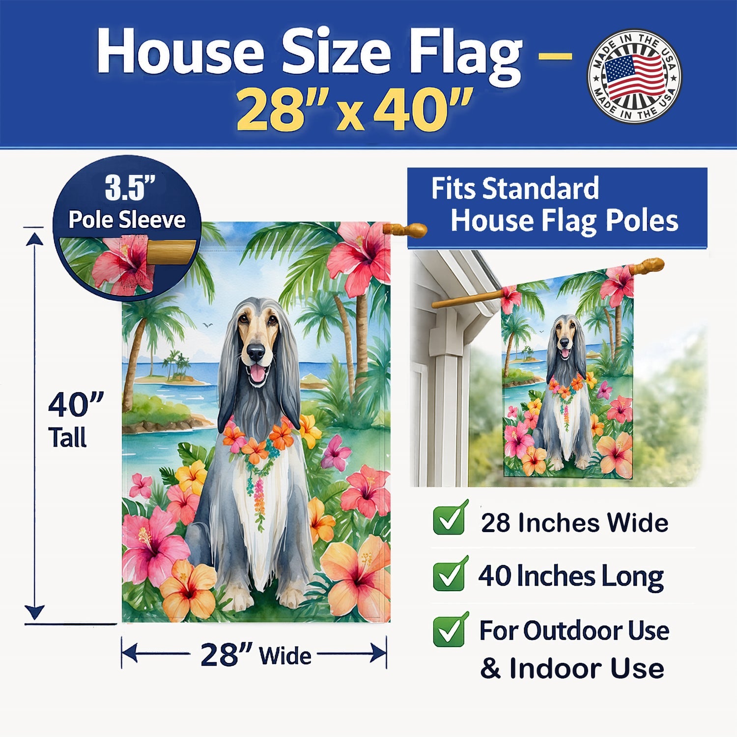 Afghan Hound Luau House Flag 28x40 Porch Sleeve Pole Decorative Outside Yard Banner Artwork Wall Hanging, Polyester