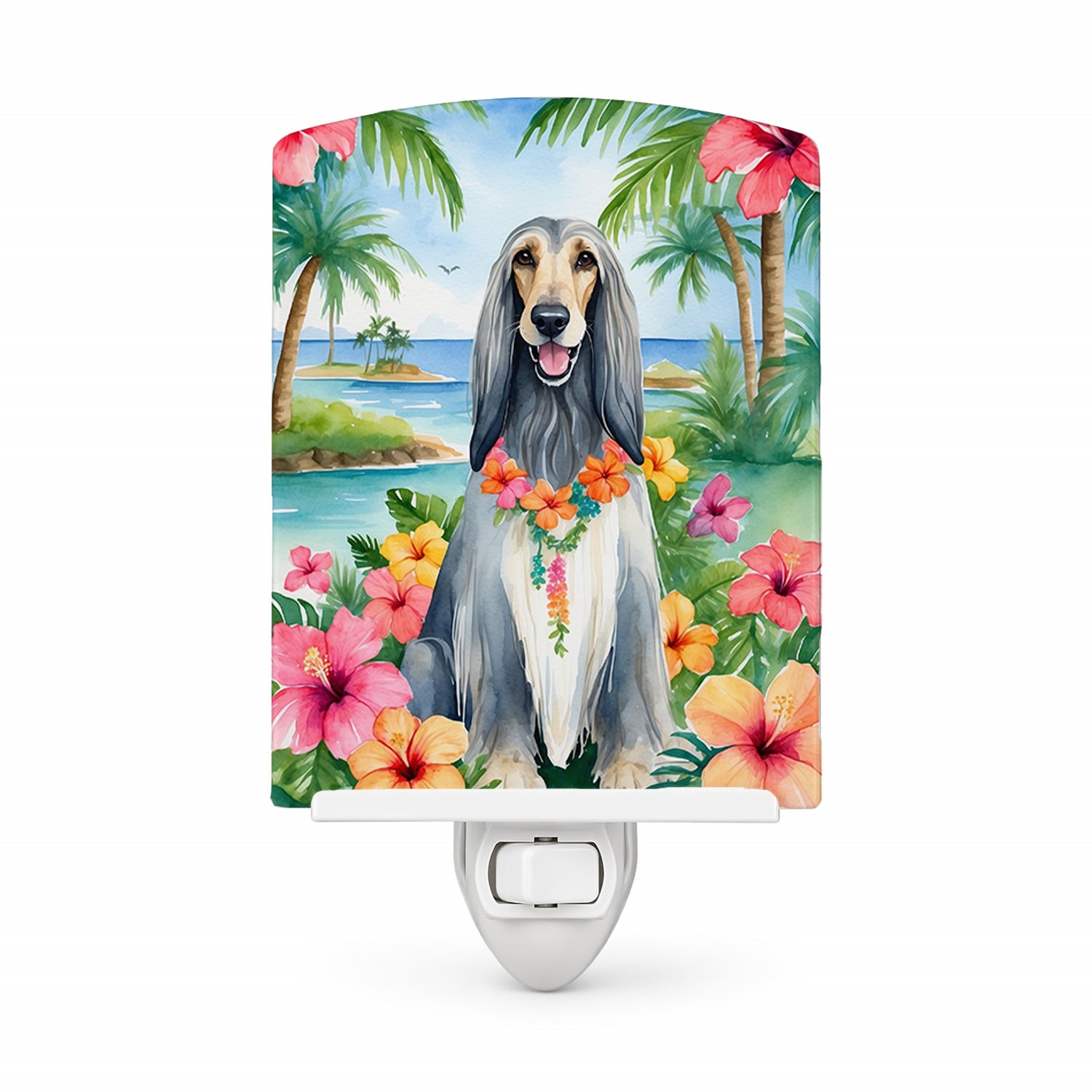 Afghan Hound Luau Ceramic Night Light Compact, UL-Certified, Ideal for Bedroom, Bathroom, Nursery, Hallway, Kitchen, 6x4x3, Multicolor