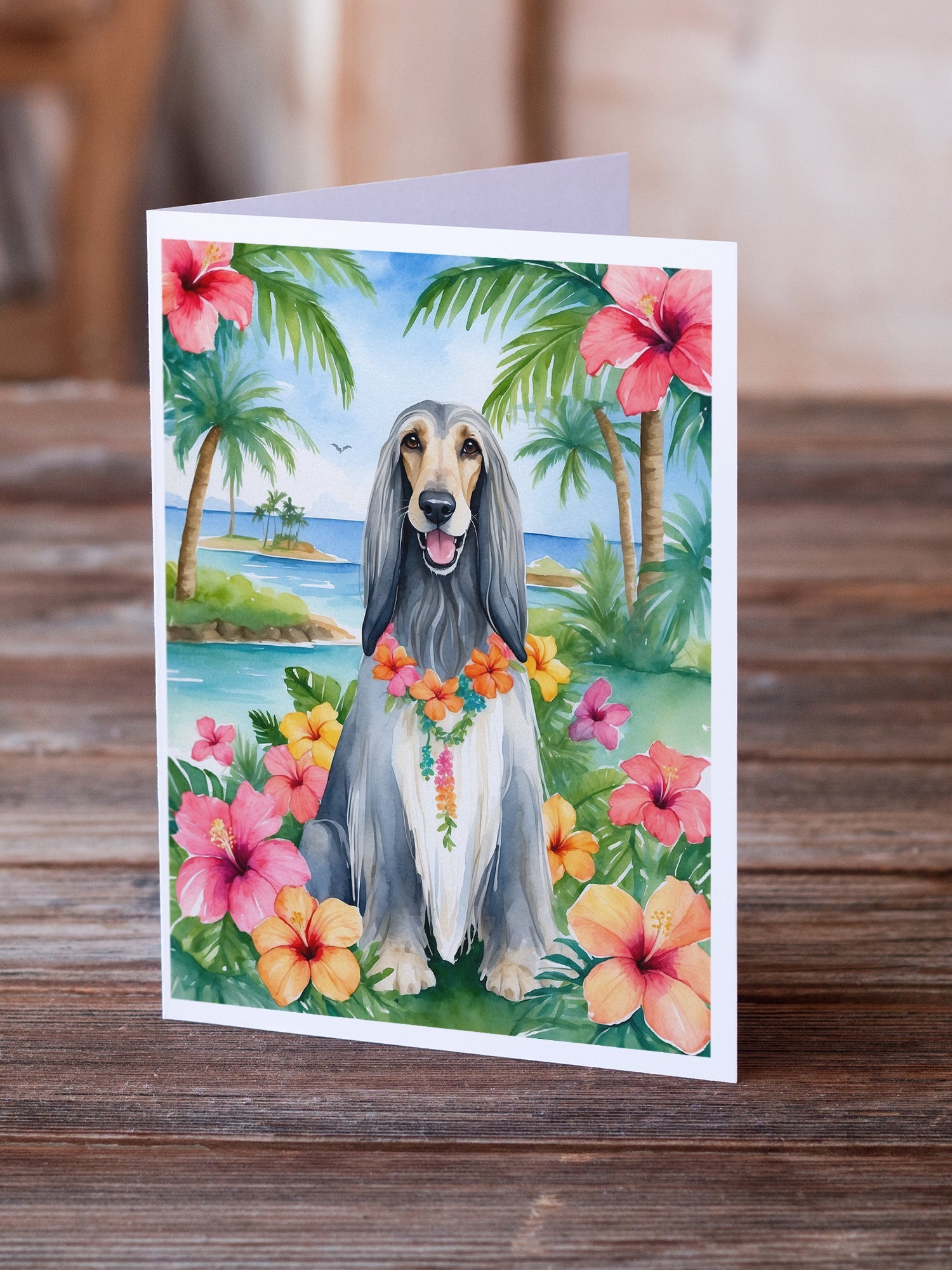 Afghan Hound Luau Greeting Cards Pack of 8 Blank Cards with Envelopes Whimsical A7 Size 5x7