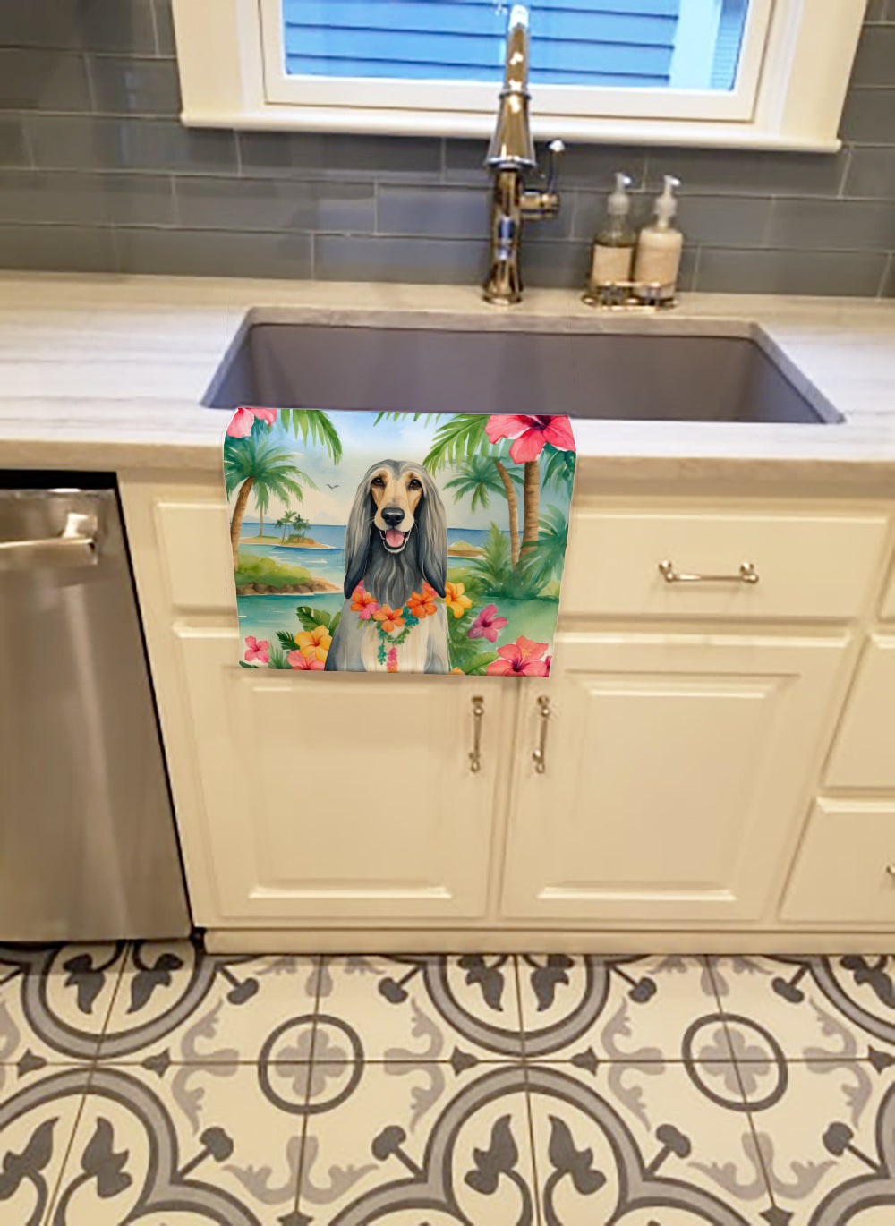 Afghan Hound Luau Kitchen Towel Velour Plush Front and Cotton Loop Back Machine Washable