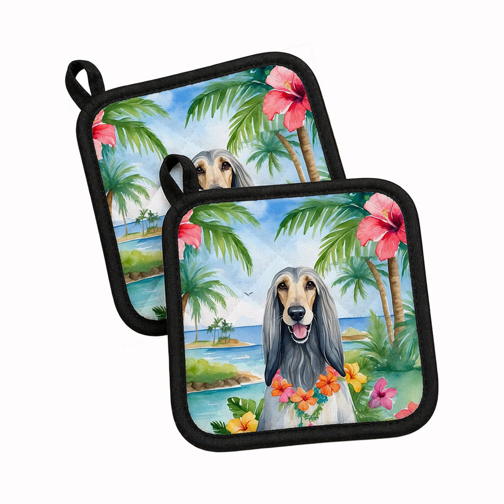 Afghan Hound Luau Pot Holder Set of 2 Heat Resistant Quilted Hot Pads 7.5 x 7.5 Inch, Insulated Kitchen Trivets for Cooking & Baking