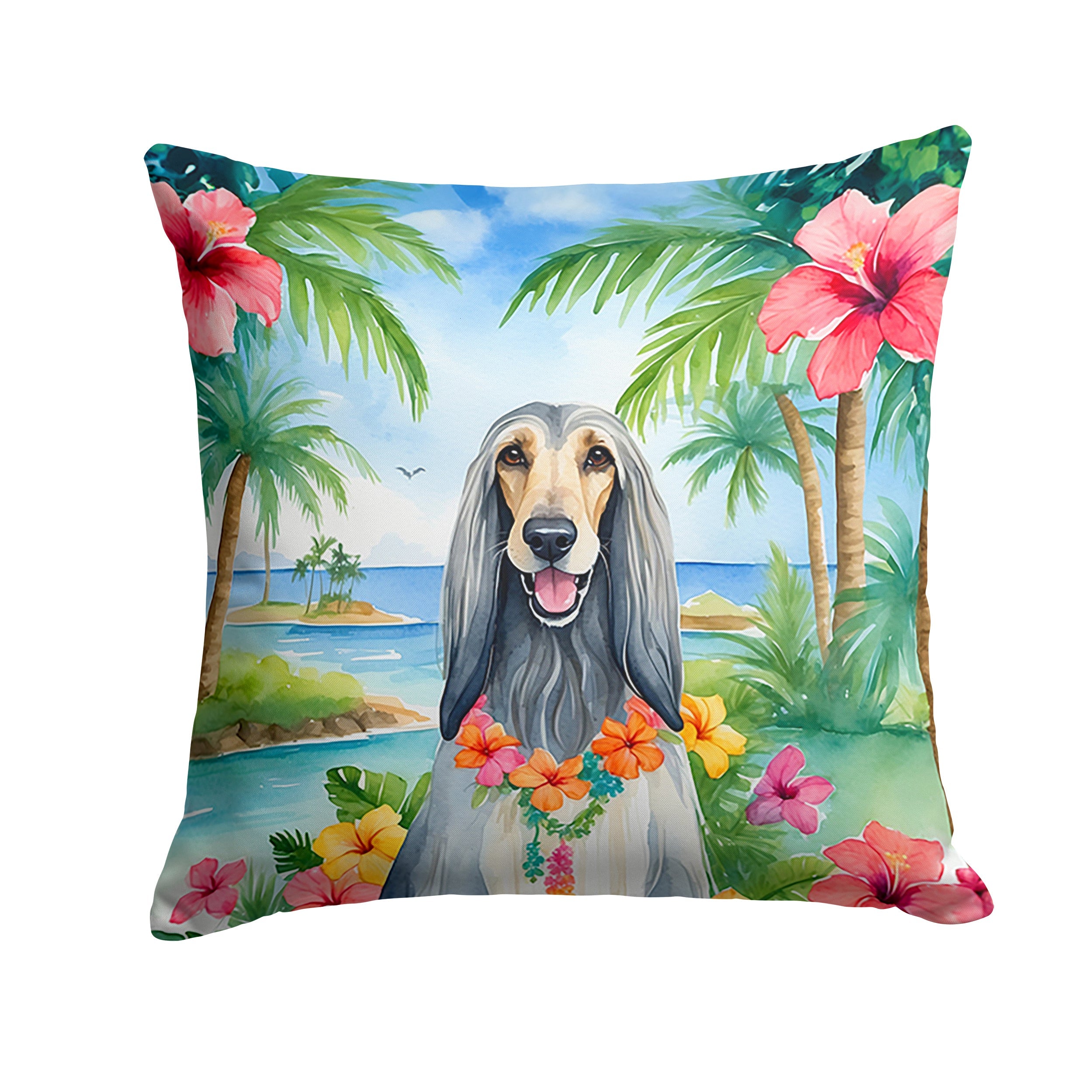 Afghan Hound Luau Decorative Throw Pillow 14x14 Indoor Outdoor Accent Cushion, Fabric Cover with Insert for Sofa, Bed, Porch & Living Room