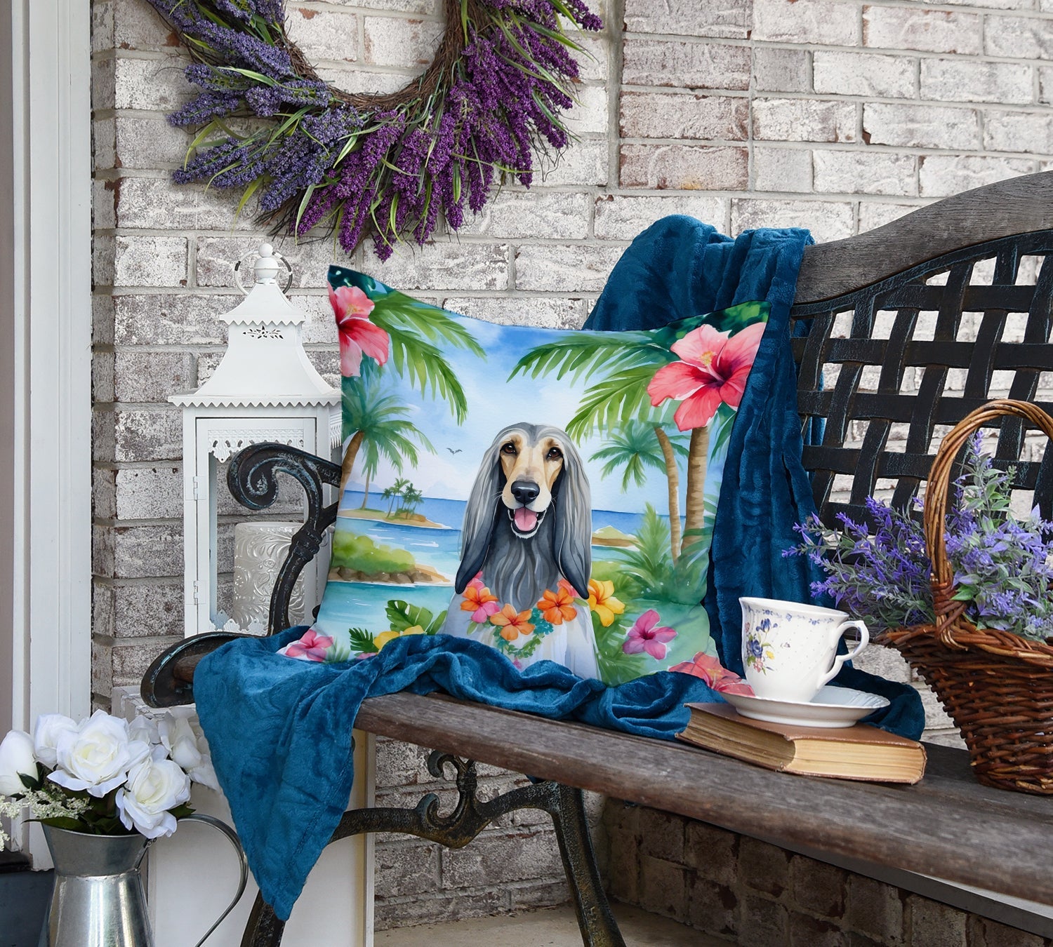 Afghan Hound Luau Decorative Throw Pillow 18x18 Indoor Outdoor Accent Cushion, Fabric Cover with Insert for Sofa, Bed, Porch & Living Room
