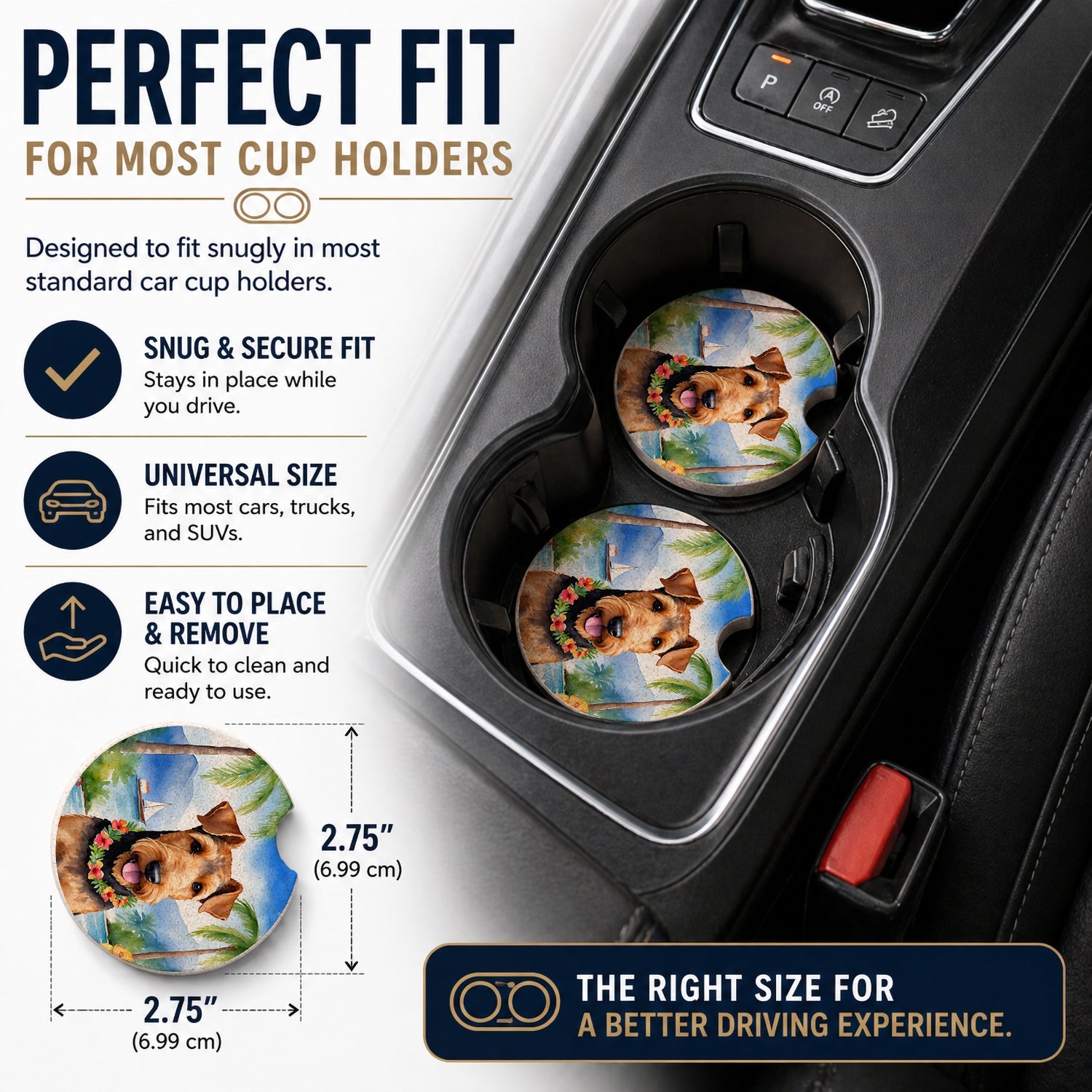 Airedale Terrier Luau Set of 2 Cup Holder Car Coasters Absorbent Round Sandstone Coasters Gifts for Men or Women, 2.5, Multicolor