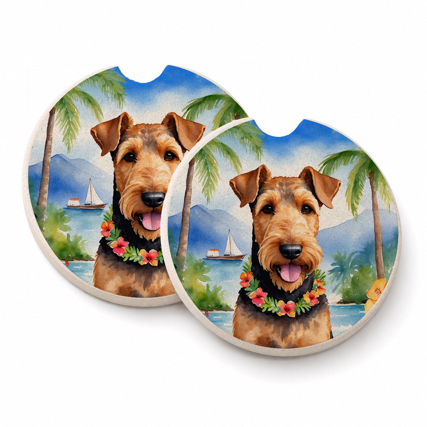 Airedale Terrier Luau Set of 2 Cup Holder Car Coasters Absorbent Round Sandstone Coasters Gifts for Men or Women, 2.5, Multicolor
