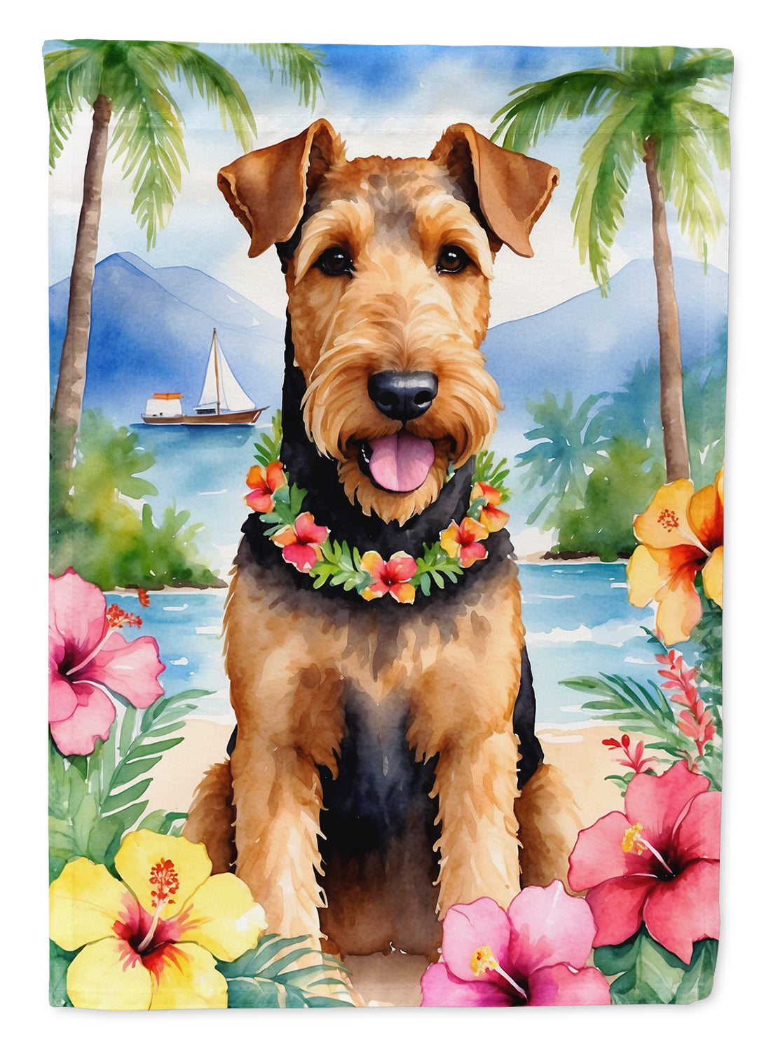 Airedale Terrier Luau House Flag 28x40 Porch Sleeve Pole Decorative Outside Yard Banner Artwork Wall Hanging, Polyester