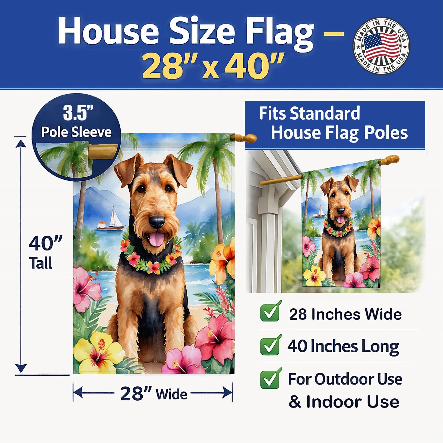 Airedale Terrier Luau House Flag 28x40 Porch Sleeve Pole Decorative Outside Yard Banner Artwork Wall Hanging, Polyester