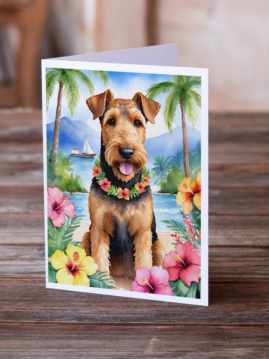 Airedale Terrier Luau Greeting Cards Pack of 8 Blank Cards with Envelopes Whimsical A7 Size 5x7
