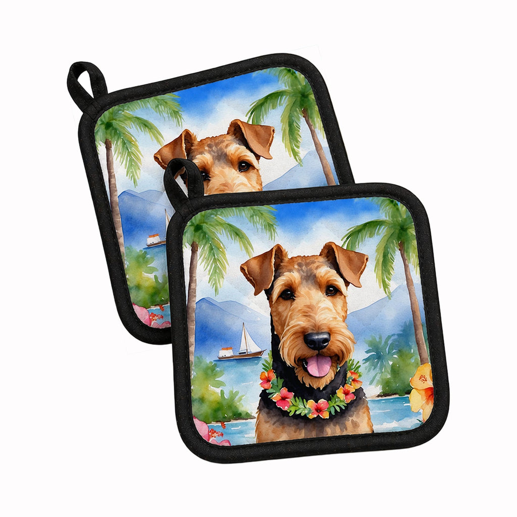 Airedale Terrier Luau Pot Holder Set of 2 Heat Resistant Quilted Hot Pads 7.5 x 7.5 Inch, Insulated Kitchen Trivets for Cooking & Baking