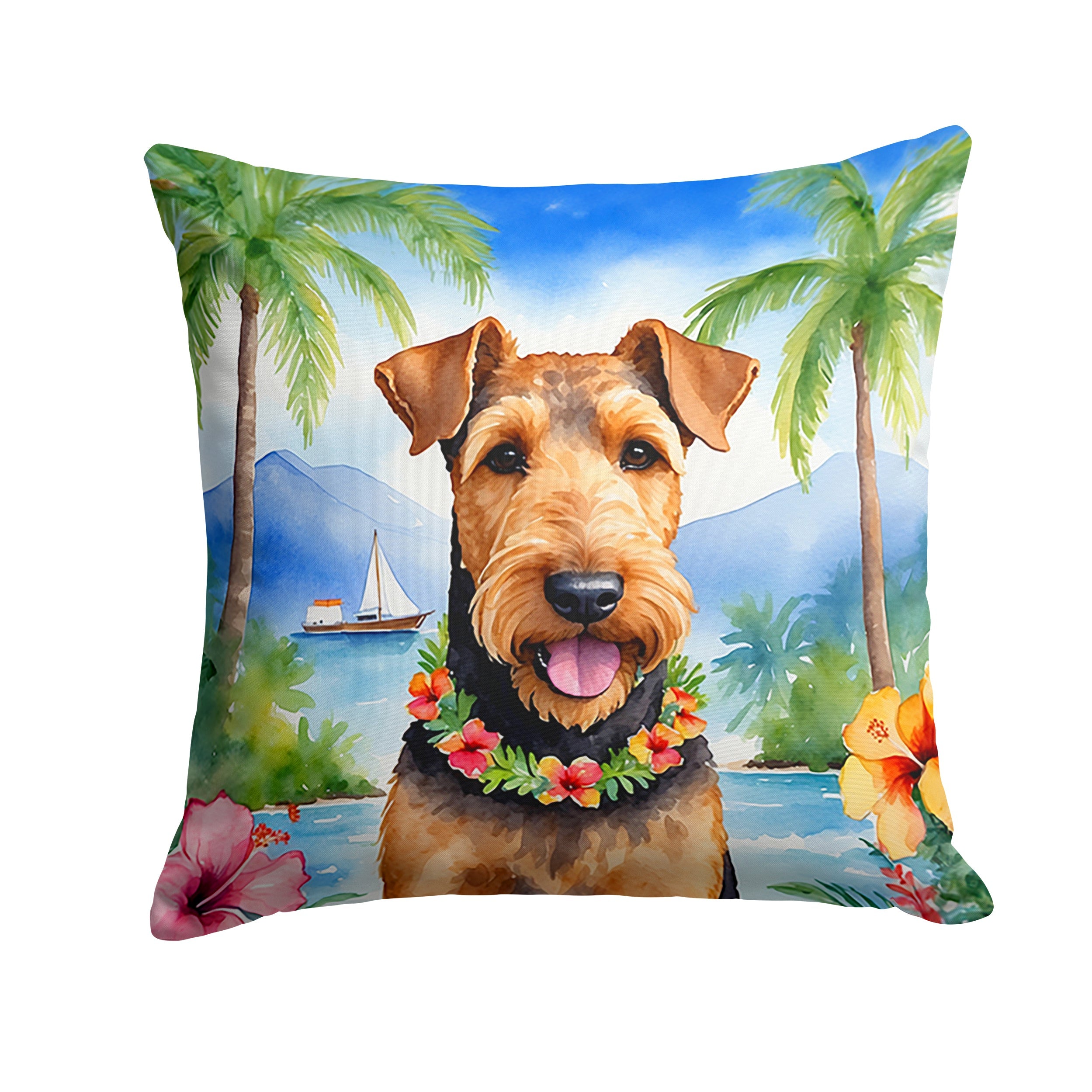 Airedale Terrier Luau Decorative Throw Pillow 14x14 Indoor Outdoor Accent Cushion, Fabric Cover with Insert for Sofa, Bed, Porch & Living Room