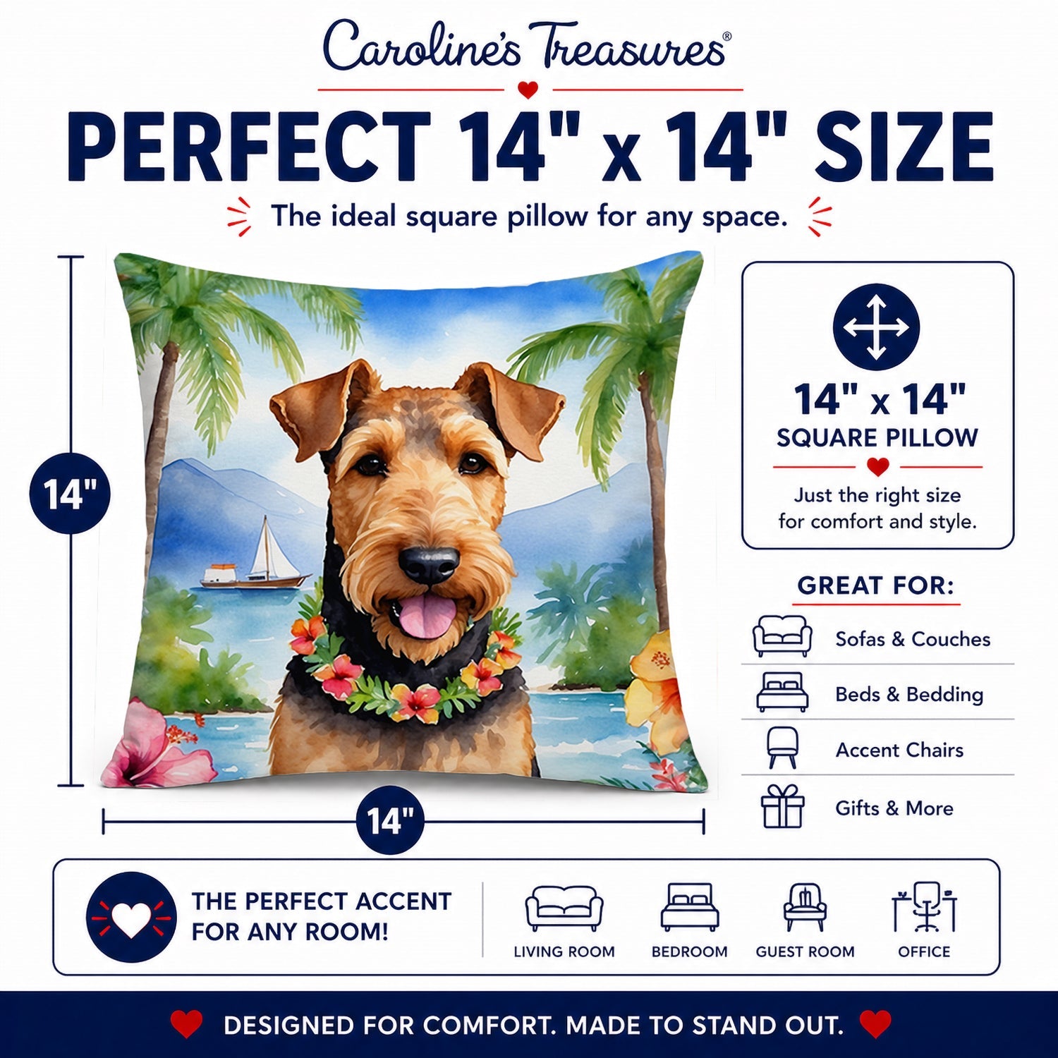 Airedale Terrier Luau Decorative Throw Pillow 14x14 Indoor Outdoor Accent Cushion, Fabric Cover with Insert for Sofa, Bed, Porch & Living Room