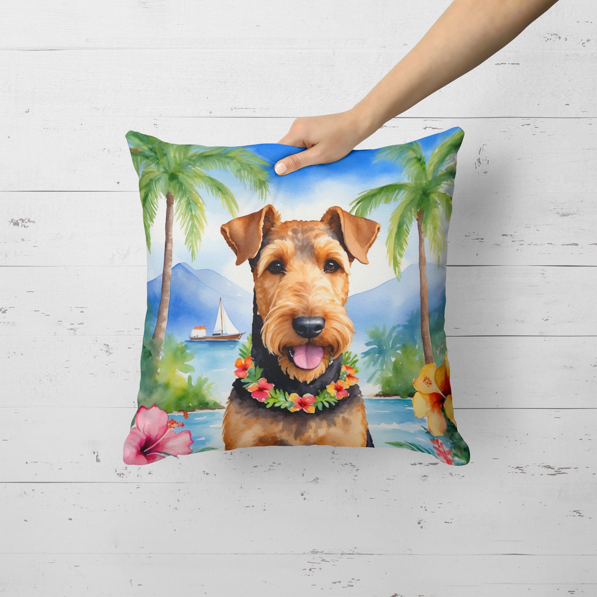 Airedale Terrier Luau Decorative Throw Pillow 18x18 Indoor Outdoor Accent Cushion, Fabric Cover with Insert for Sofa, Bed, Porch & Living Room
