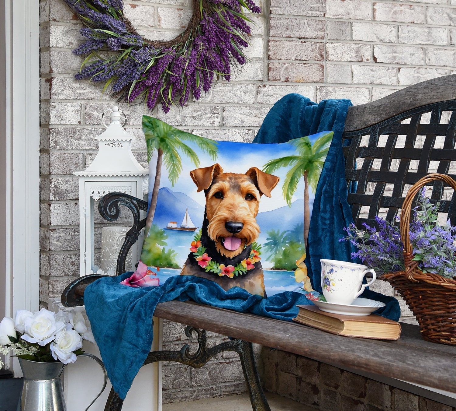 Airedale Terrier Luau Decorative Throw Pillow 18x18 Indoor Outdoor Accent Cushion, Fabric Cover with Insert for Sofa, Bed, Porch & Living Room