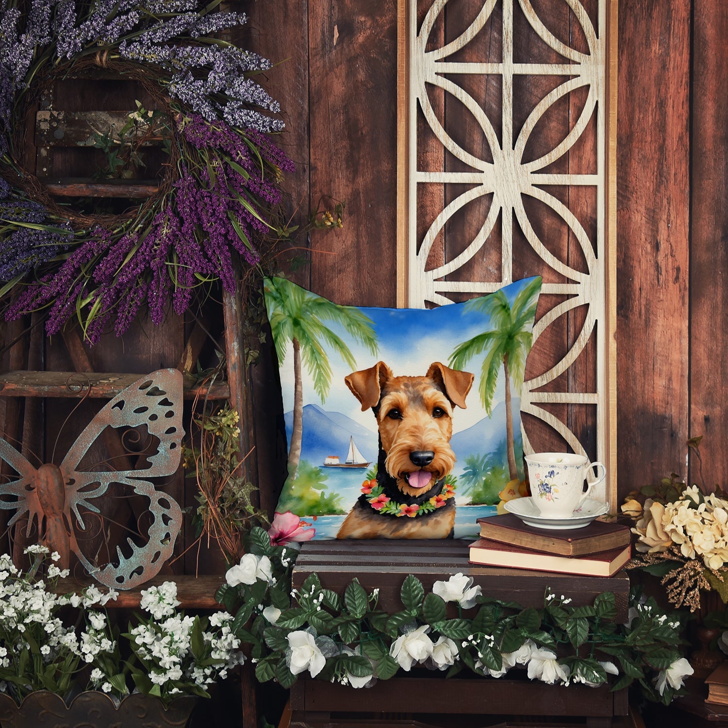 Airedale Terrier Luau Decorative Throw Pillow 18x18 Indoor Outdoor Accent Cushion, Fabric Cover with Insert for Sofa, Bed, Porch & Living Room