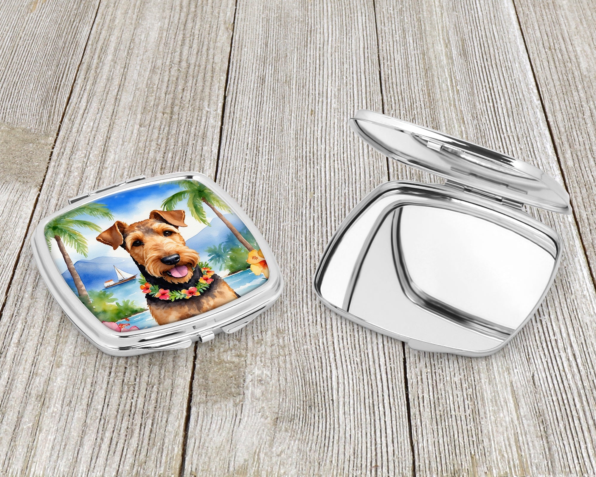 Airedale Terrier Luau Compact Mirror Decorative Travel Makeup Mirror for Women Girls Gifts Pocket Makeup Mirror Folding Handheld