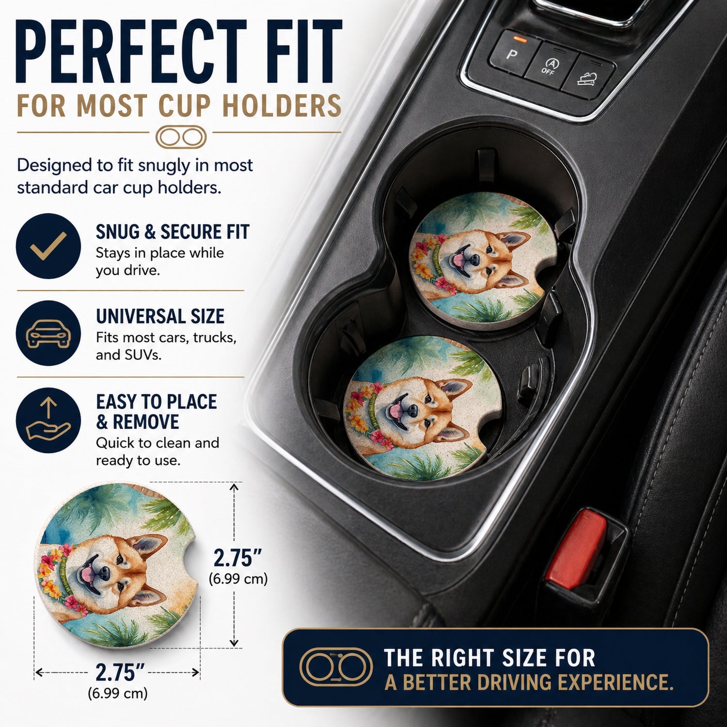 Akita Luau Set of 2 Cup Holder Car Coasters Absorbent Round Sandstone Coasters Gifts for Men or Women, 2.5, Multicolor