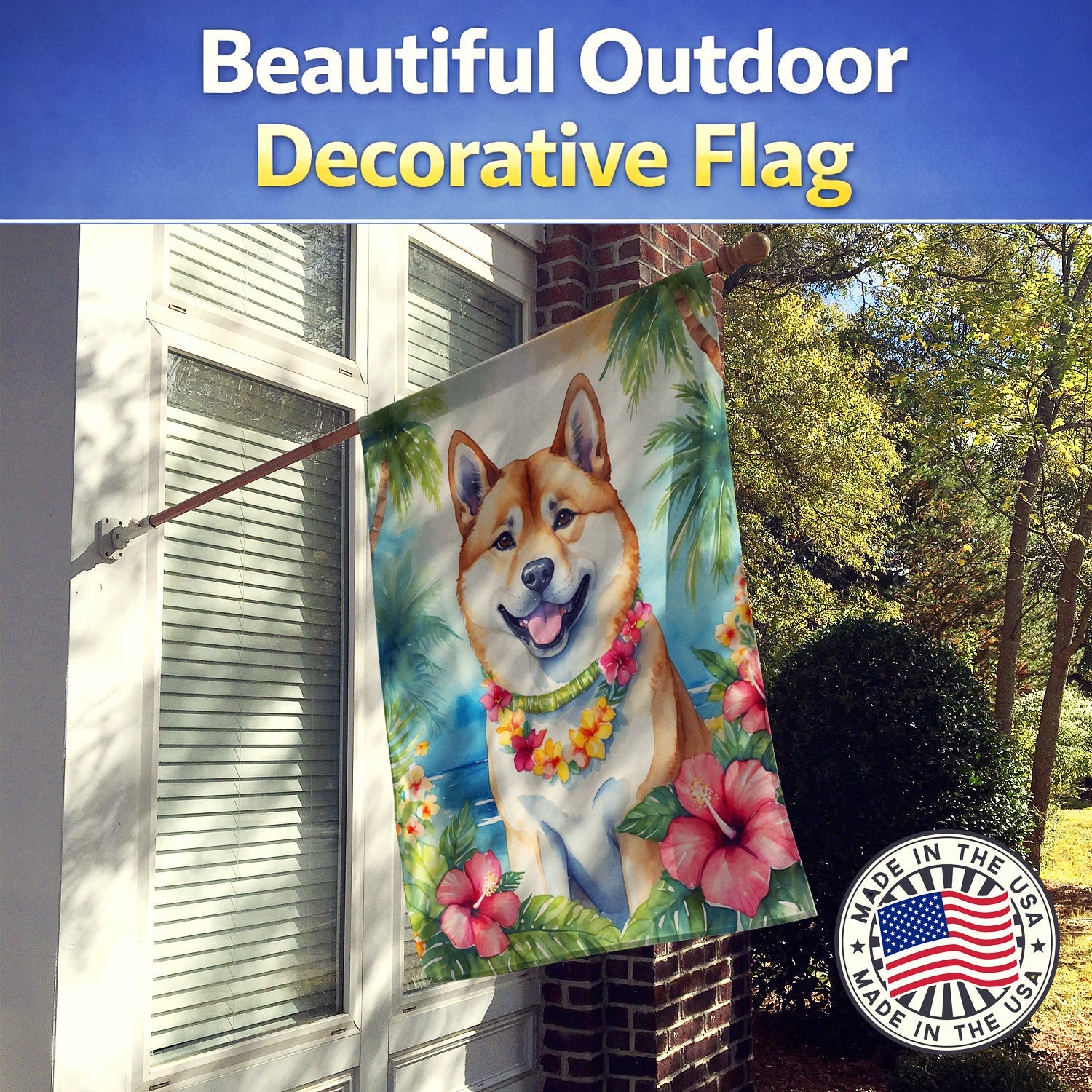 Akita Luau House Flag 28x40 Porch Sleeve Pole Decorative Outside Yard Banner Artwork Wall Hanging, Polyester