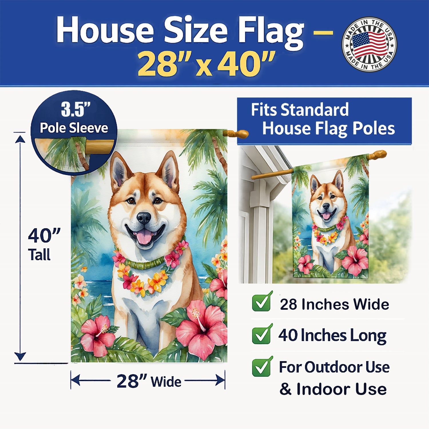 Akita Luau House Flag 28x40 Porch Sleeve Pole Decorative Outside Yard Banner Artwork Wall Hanging, Polyester