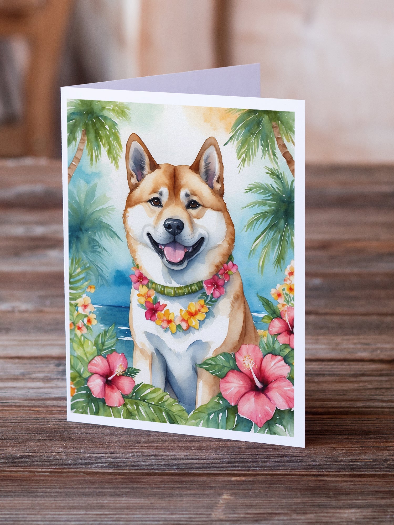 Akita Luau Greeting Cards Pack of 8 Blank Cards with Envelopes Whimsical A7 Size 5x7