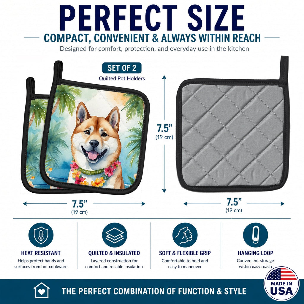 Akita Luau Pot Holder Set of 2 Heat Resistant Quilted Hot Pads 7.5 x 7.5 Inch, Insulated Kitchen Trivets for Cooking & Baking