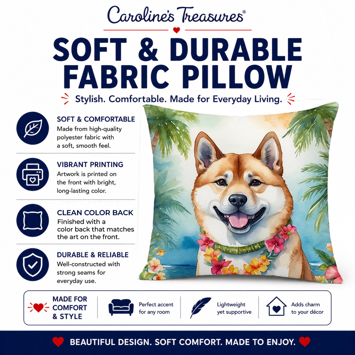 Akita Luau Decorative Throw Pillow 14x14 Indoor Outdoor Accent Cushion, Fabric Cover with Insert for Sofa, Bed, Porch & Living Room